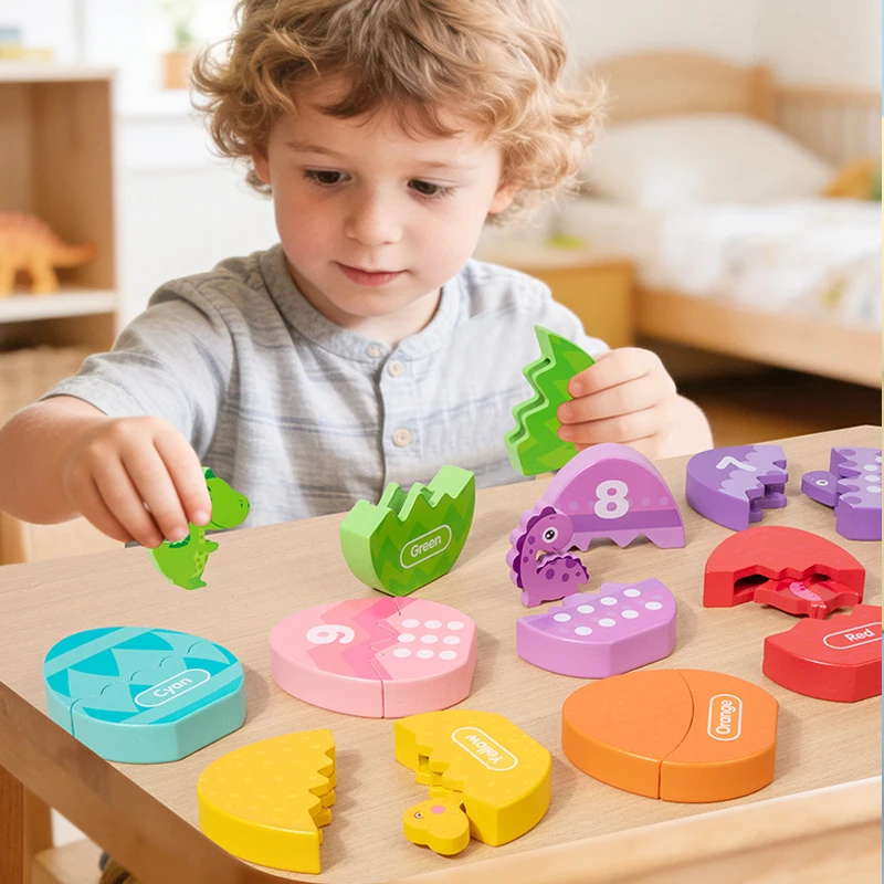 Wooden Number Matching Puzzle Toy, Colorful Math Counting Dinosaur Cognitive, Multi-Layered Egg Shape, Christmas Easter Gift