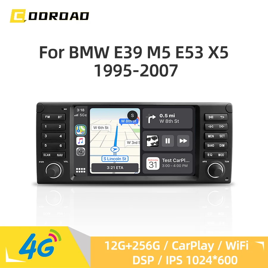 Car Multimedia Player Android 14.0 CarPlay GPS Navigation 4G WiFi Bluetooth RDS Stereo Car Radio for BMW E39 M5 E53 X5 1995-2007