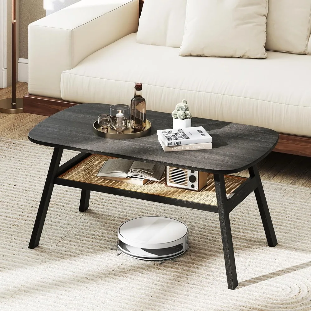 

Rattan Coffee Table, 2-Tier Mid Century Modern Rectangular Center Table with Rattan Storage Shelf & Rubber Wood Legs,