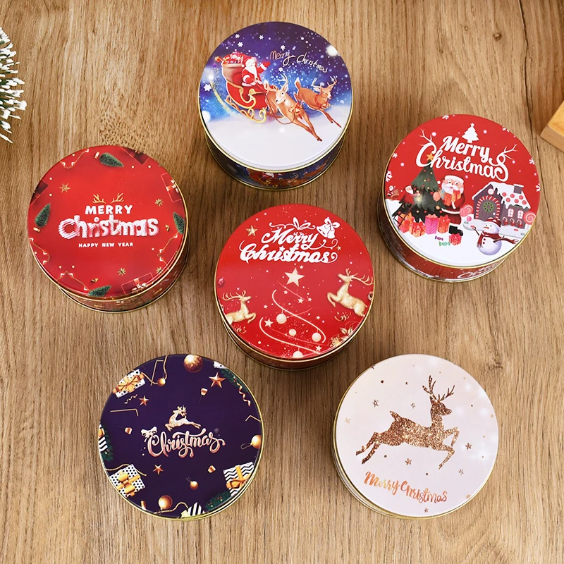 Christmas Tinplate Round Candy Tins Cartoon Santa Claus Elk Cookie Chocolate Gift Packaging Box Xmas Decoration New Year Navidad