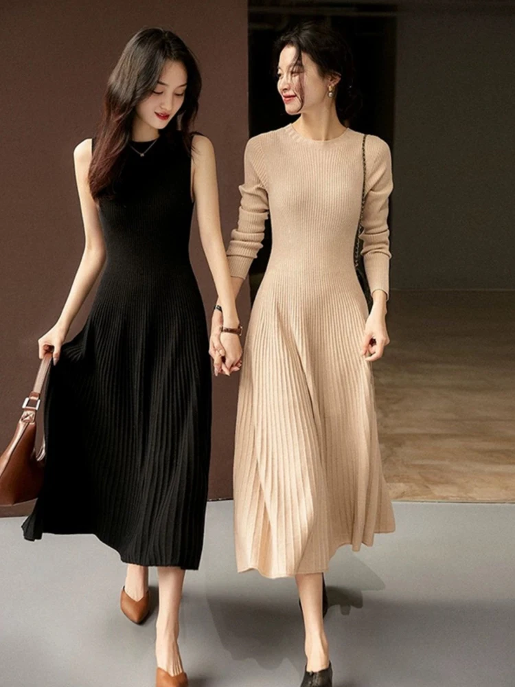Elegant Women Long Dress 100% Merino Wool Dress O-Neck Spring Autumn Skirt Basic Dress Inside Join Slim Pleated Dress Sleeveless - Image 6