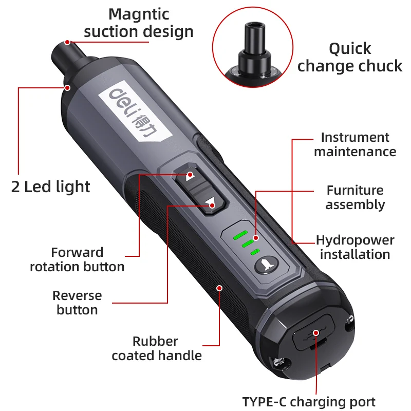 Deli Cordless Electric Screwdriver Set Smart 3-Speed Large Torque Mini Electric Screwdriver 4V Rechargeable Electric Power Tool