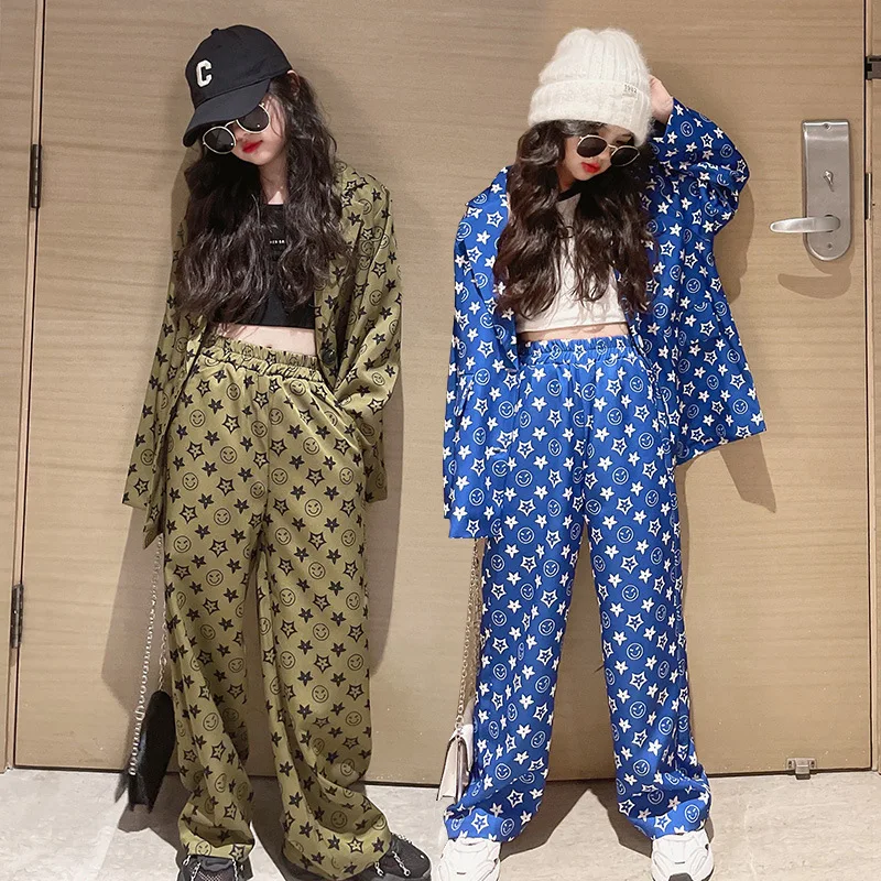 

kids Girls Print Coat+Wide leg pants 2pcs Clothing Suits Dance Hiphop Streetwear for Teenage Kids girl clothes Outfits 2023