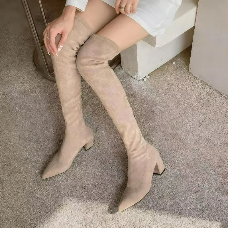 أحذية نسائية مثيرة بمقدمة مدببة فوق الركبة أحذية بكعب مربع أحذية عالية دافئة أحذية جورب مرنة للنساء من جلد الغزال أحذية بسحاب خلفي #3