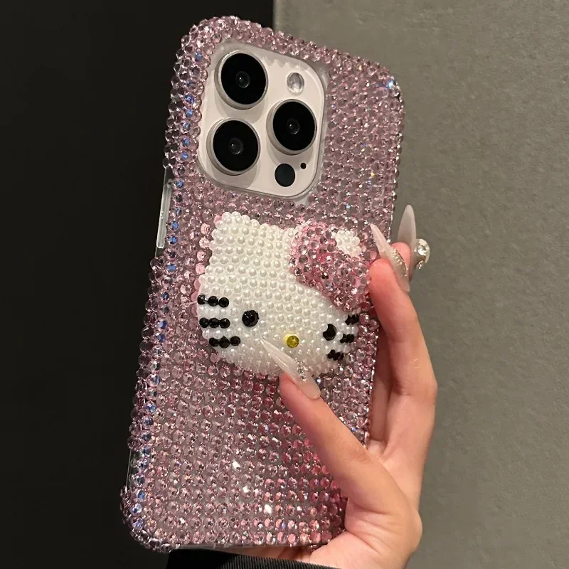 Kawaii Sanrio Hello Kitty DIY telefoonhoesje geschikt voor iPhone 15 1413 16 Pro Max Y2k Flash Diamond all-inclusive transparant hoesje