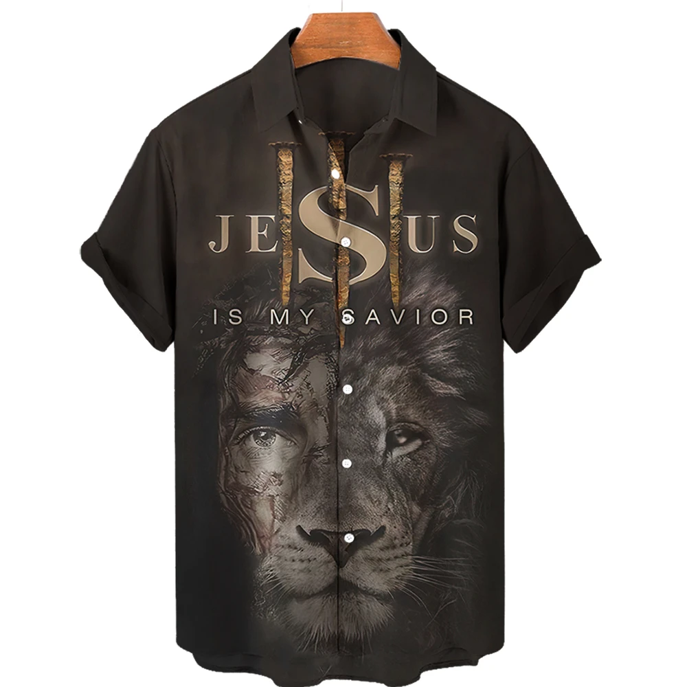 3d Print Jesus Pattern Men's Hawaiian Shirts Animal Lion T Shirt Fashion High Street Loose Top Men's Shirt Clothing Streetwear