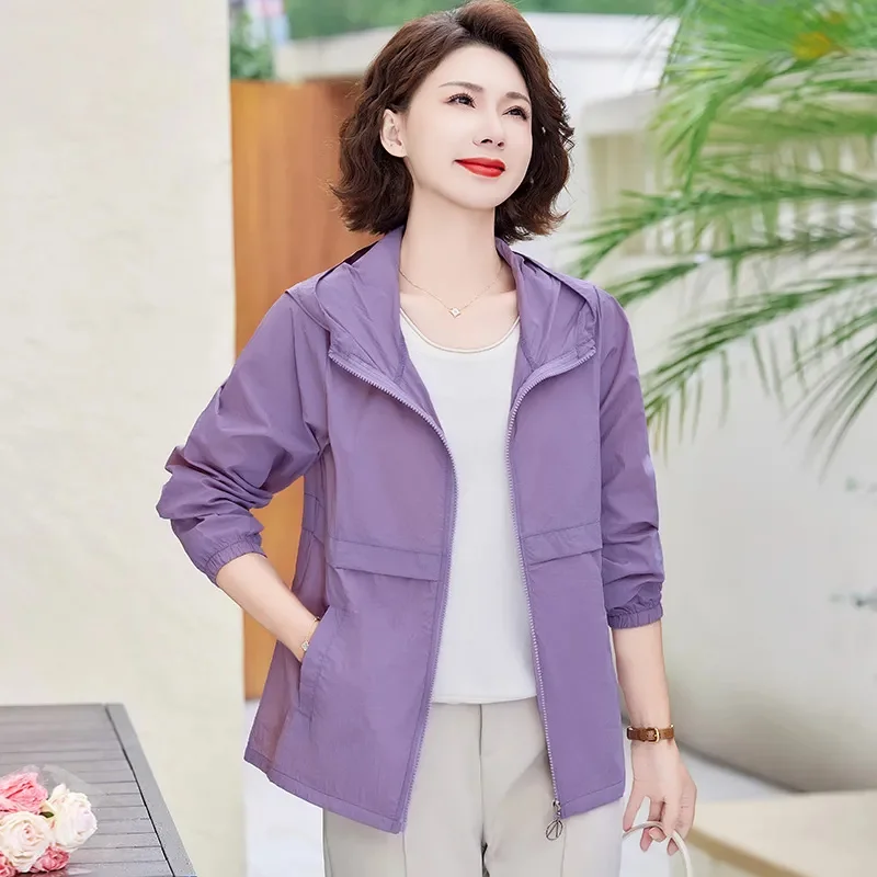 Middle-Aged Mother Sunscreens Jackets Women's Summer 2027 New Sun Protection Clothing Coat Hooded Outerwear Fashion Overwear Top