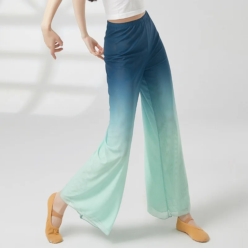 Pantalones de baile de tela de red que cambian de color para mujer, diseñados clásicamente para entrenamiento y rendimiento, estilo fluido de pierna ancha