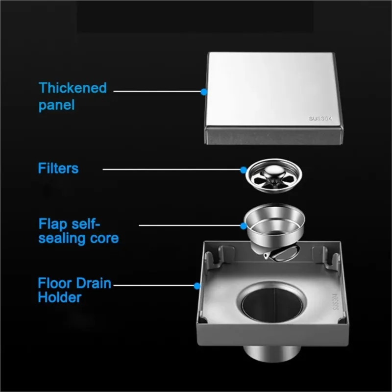 Hidden Inlay 304 Stainless Steel Square Floor Drain Bathroom Toilet Gun Gray Copper Core Insect Proof Odor Proof Floor Drain