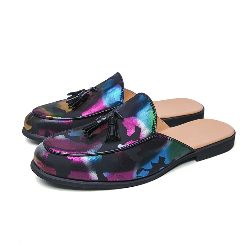 

Men's Luxury Colourful Half Slippers Loafers Casual Leather Moccasins Tassels Summer Comfortable Breathable Mules Home Shoes