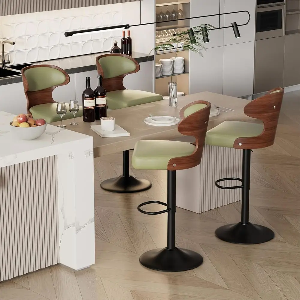 

Set of 4 Green Adjustable Swivel Bar Stools with Leather Upholstery and Backrest for Kitchen or Dining Room