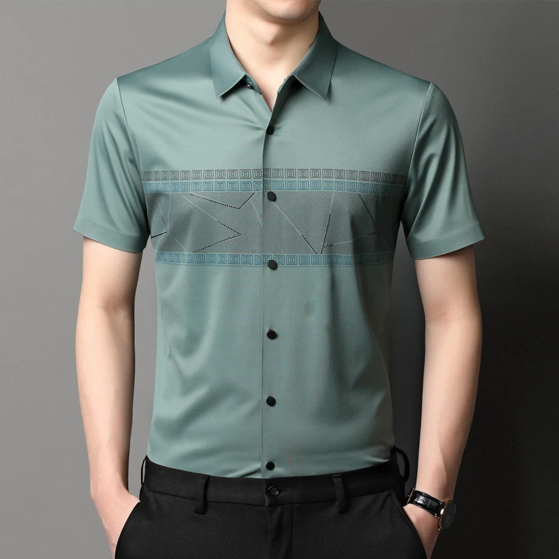 

2022 Summer Seamless Silk Male Shirts Luxury Printed Long Sleeve Smart Casual Soft Man Dress Shirts Simple Party Man Shirts 3XL