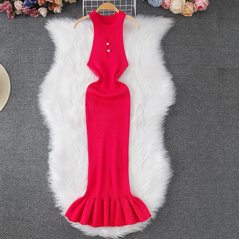 YuooMuoo Women Dress 2024 New Fashion Y2K Hollow Out Sexy Package Hips Ruffles Summer Dress Lady Slim Elastic Knit Party Vestido