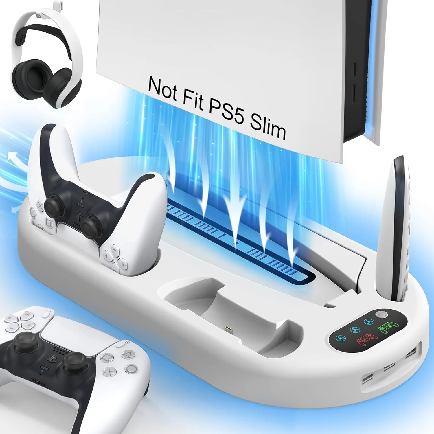 For PS5/PS5 Slim Stand with Headphone Hook Cooling Stand & Controller Charging Station for PS5 With 3 Levels Cooling Fan