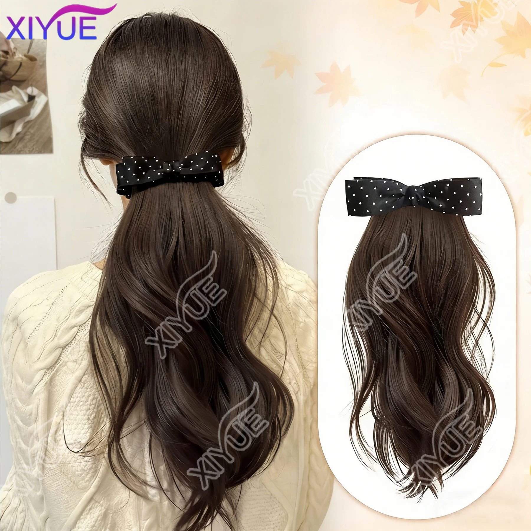 XIYUE Elegant Synthetic Silk Polka-Dot Bowknot Banana Claw Clip Ponytail Wig - Long Wavy Layered Ponytail for Women’s Daily Use