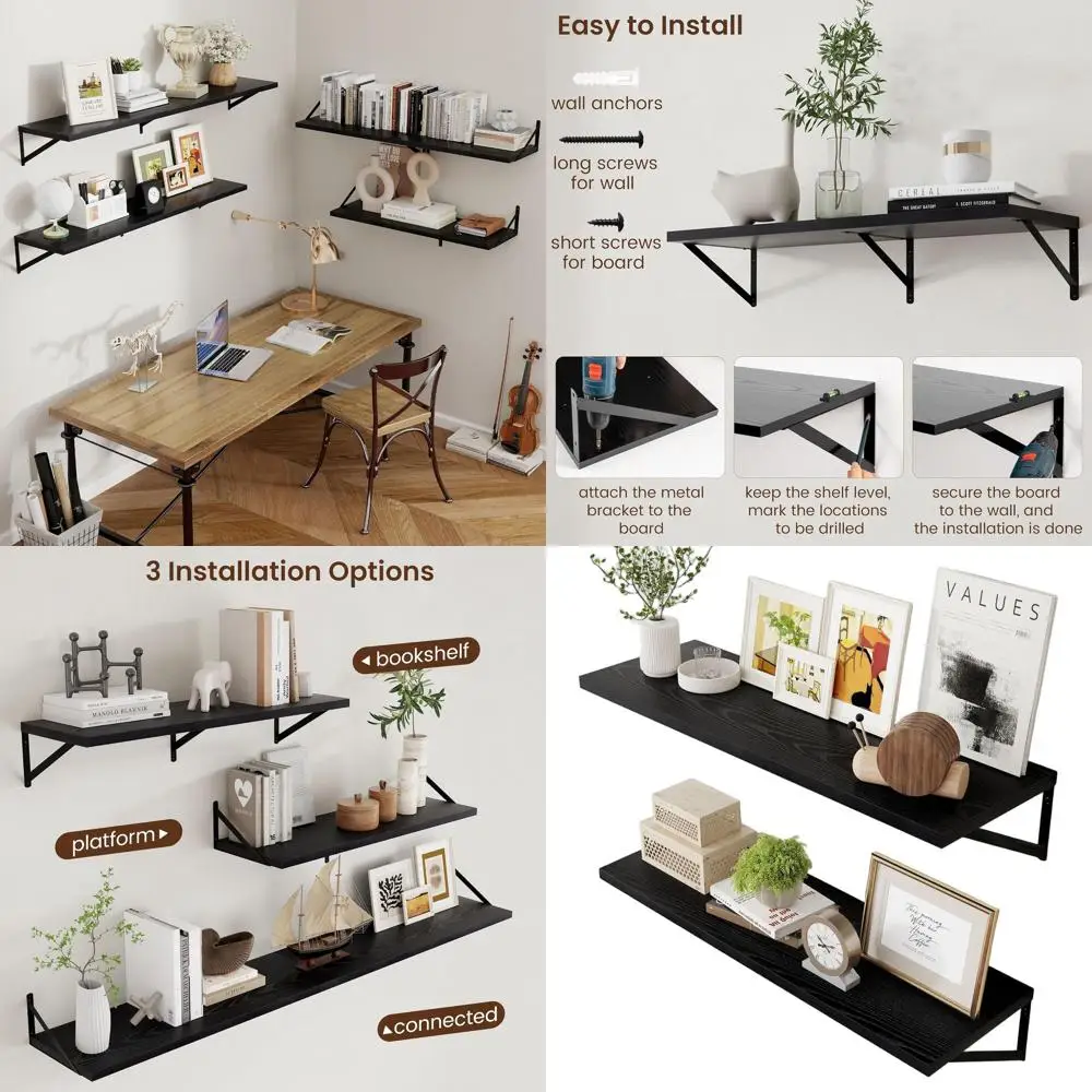 

Set of 2, 36W x 12D Black Floating Wall Shelves - Deep Wood for Home Decor