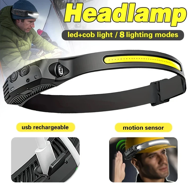 

LED Sensor Headlamp Built-in Battery USB Rechargeable COB Head Flashlight Headlight LED Head Torch Camping Fishing Search Light