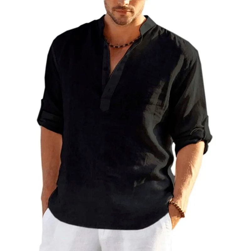 New Cotton Linen Shirt Men Solid Color Spring Summer Mens Casual Long Sleeve Cotton Linen Shirts Tops Size S-5Xl