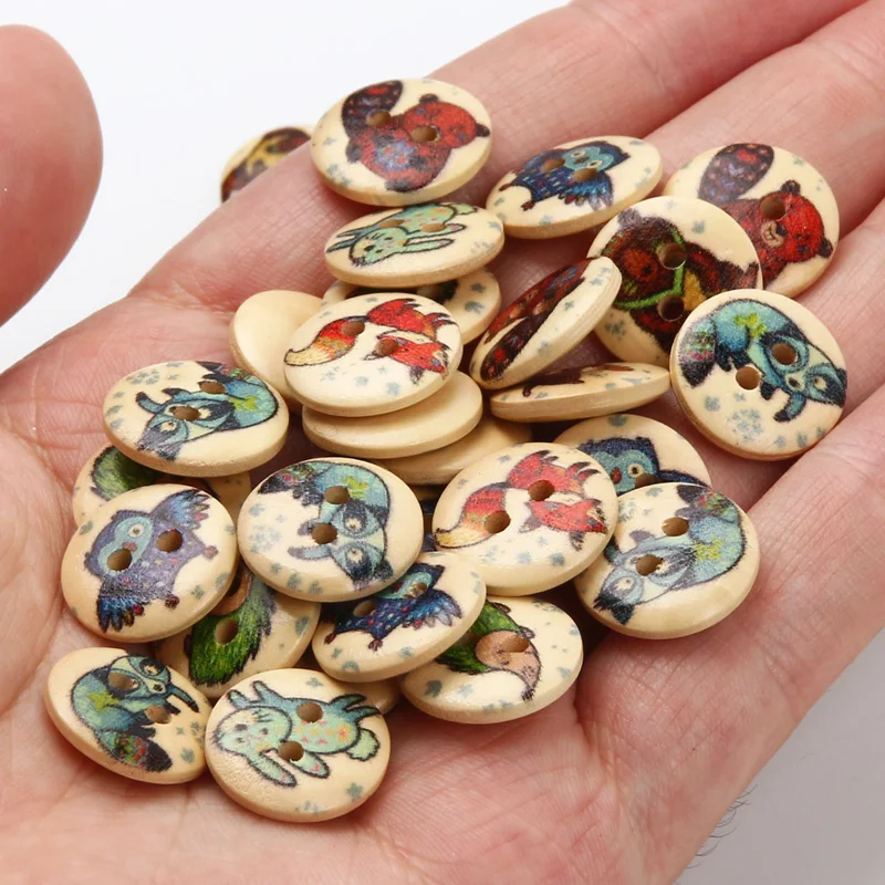 50pcs 15mm Lovely Fox Bear Owl Pattern 2Hole Wood Buttons For Clothing Needlework Scrapbook Decoration Crafts Sewing Accessories