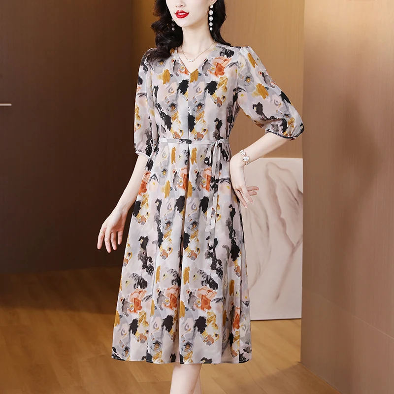 

Summer Womens Elegant Dress Pullover Loose Fashion Round Neck Short-Sleeve Positioning Printing Temperament Long Show Thin Dress