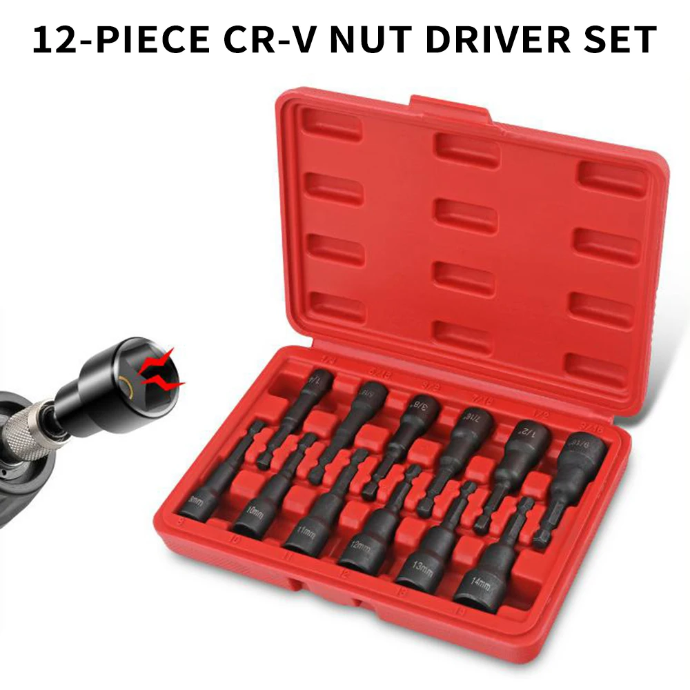 12-Pack Magnetic Nut Driver Set Chrome-Vanadium Steel Impact Power Hex Nut Driver Drill Bit Master Kit SAE & Metric Size 1/4“