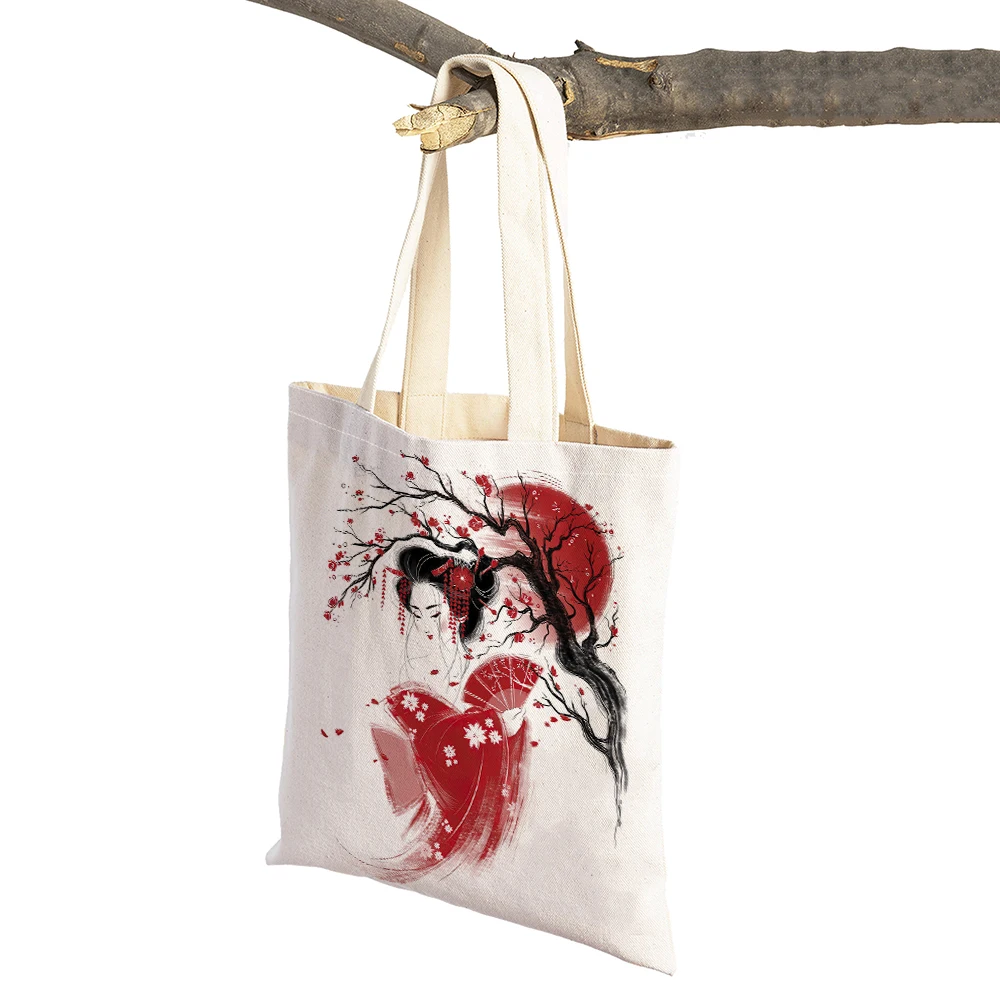 Japanese Koi Gru Japan Dream Deer Cat Sakura Women Shopping Bags Double Print Casual Linen Eco Handbag Shopper Bag Lady Tote