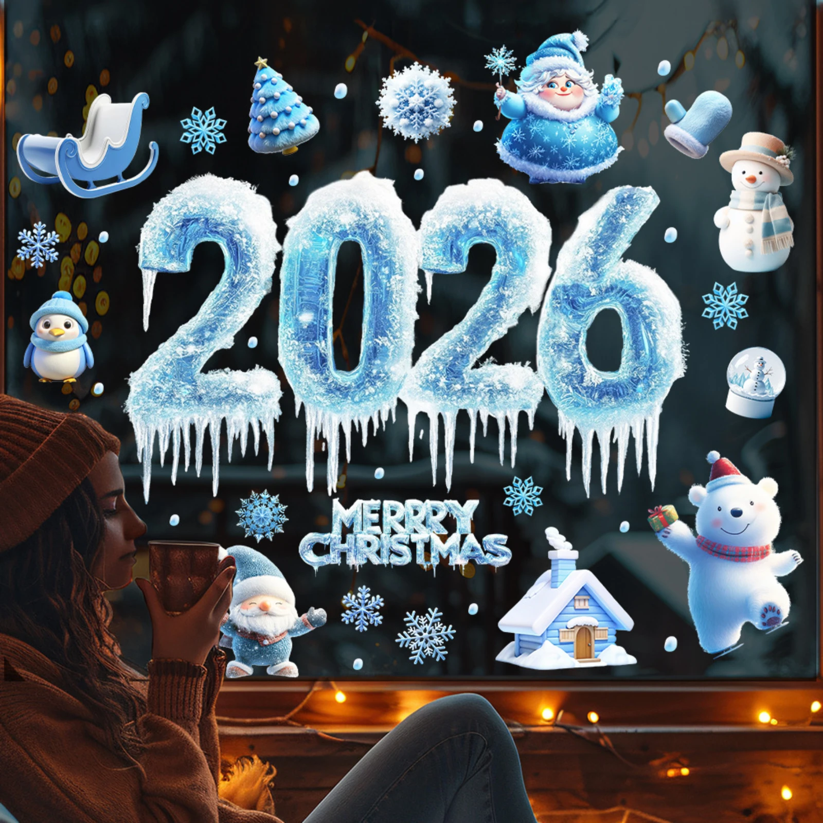 عيد ميلاد سعيد الجليد والثلج نمط نافذة ملصق داخلي وخارجي زجاج الباب والنافذة ملصق ثابت زينة عيد الميلاد