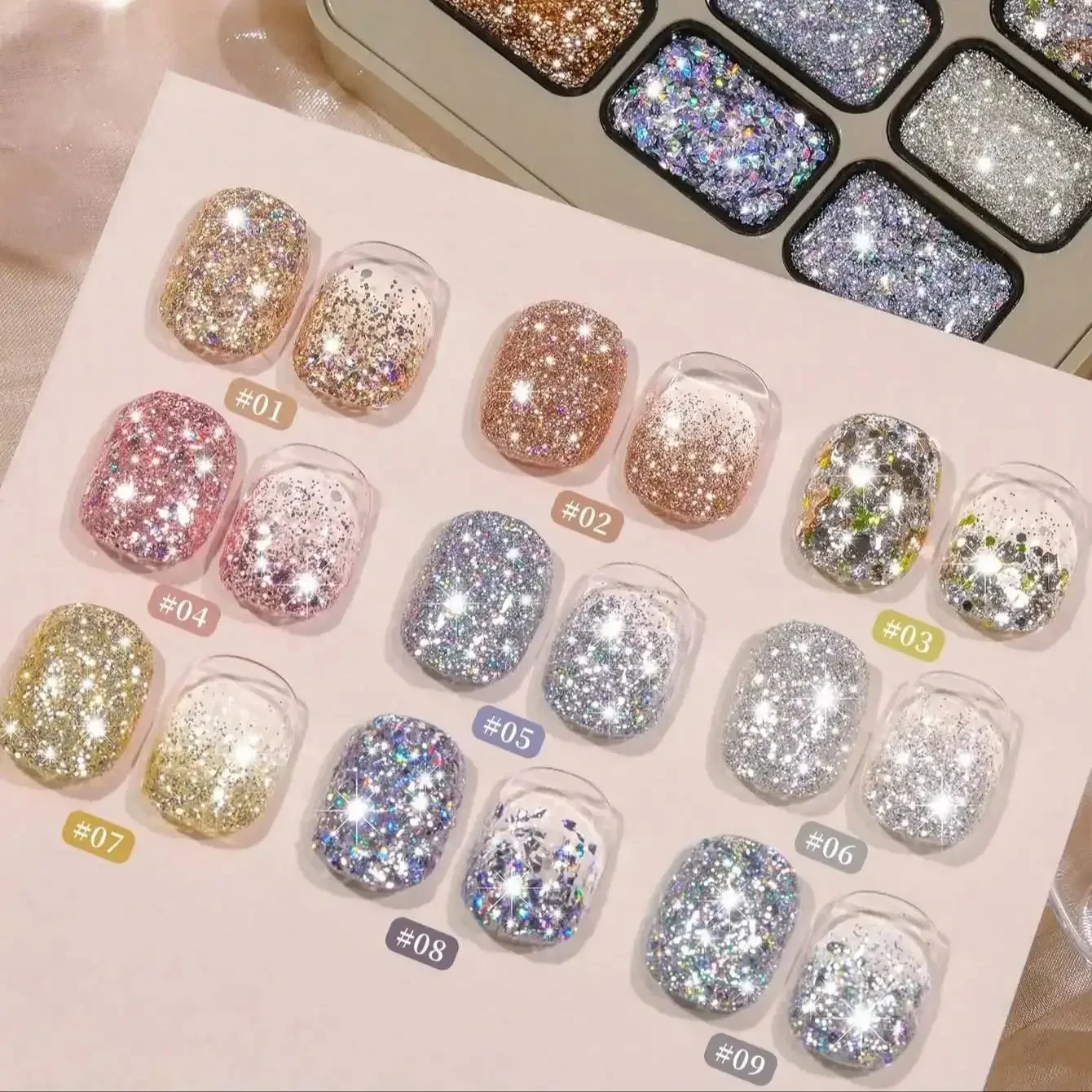 9 Farben Solid Glitter Nagelgel-Palette, glitzernde Pailletten, UV-LED Soak-Off Nagelkunst-Gel-Lack für Salon, DIY Maniküre-Dekoration – Detail 3