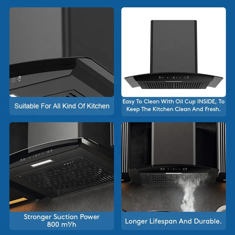 Auto Clean Black Cooking Extractor Chimney Kitchen Cooker Appliance Range Hoods Chimney Hood