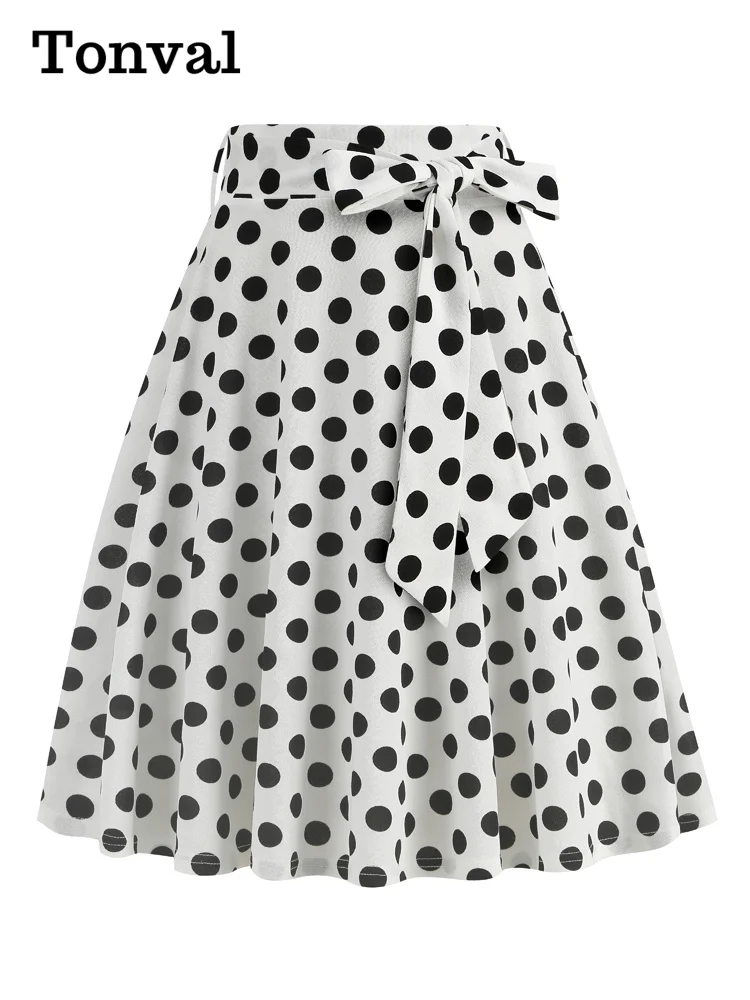 Tonval High Waist Polka Dot Belted A-Line Flare Skirt for Women 2025 Spring Summer 50s Clothes Pinup Vintage Swing Skirts