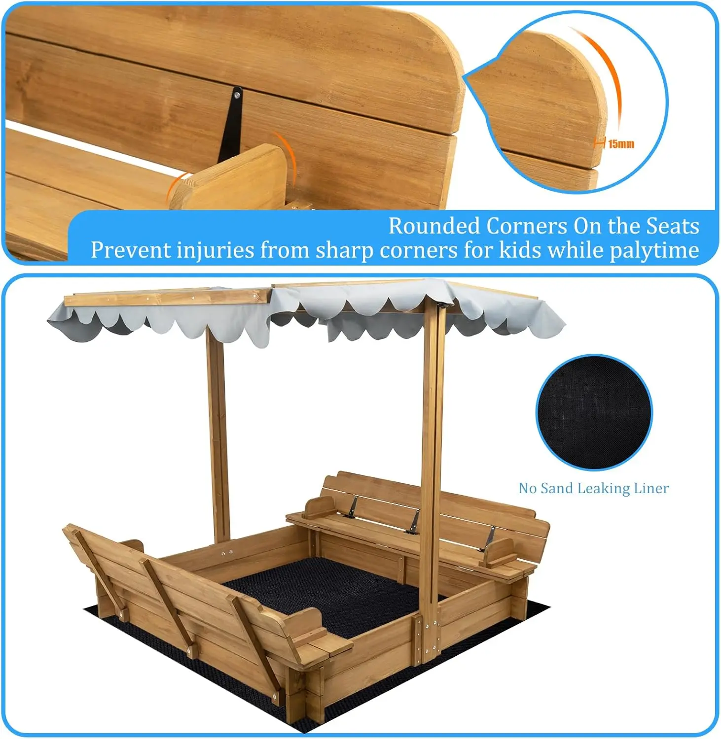 Cajas de arena con tapa para niños, caja de arena con cubierta, cajas de arena de madera para niños con dosel para exteriores para 3-8 años, con Cano de altura ajustable