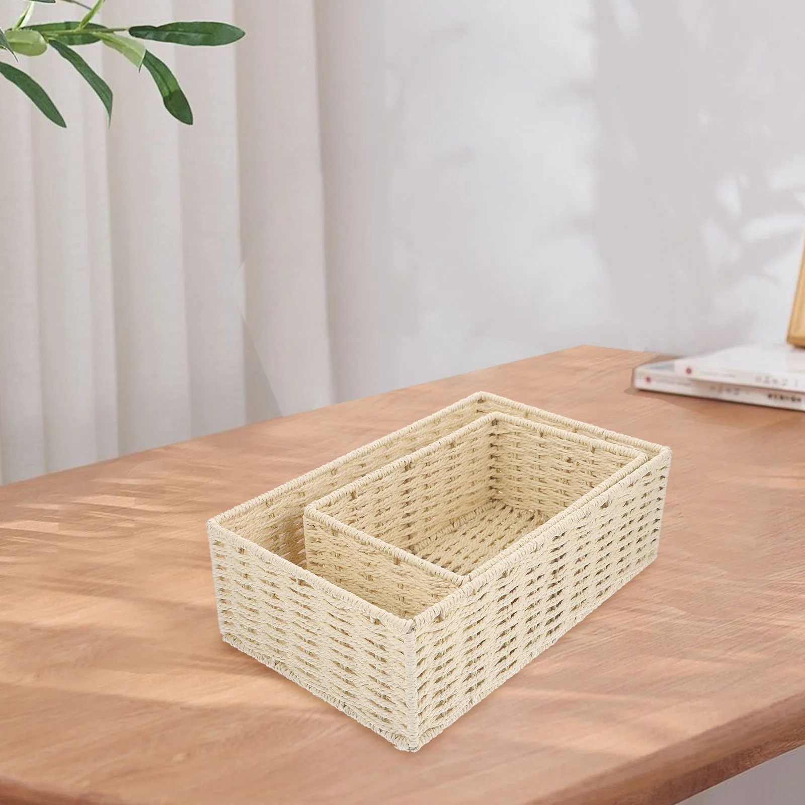 

2pcs Woven Paper Rope Storage Sundries Organizer Bathroom Bedroom Closet Basket Desktop Decorative Storage Bin Household Woven