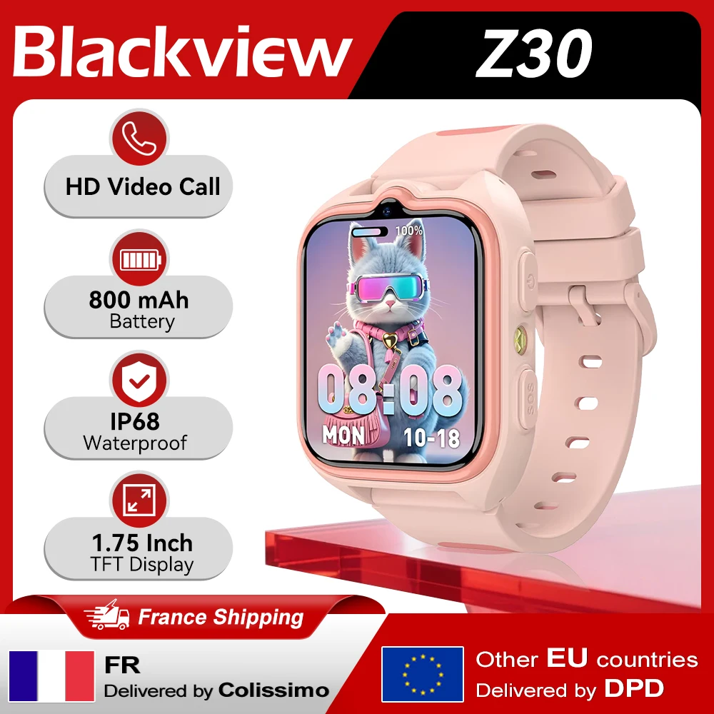 Smartwatch per Bambini Blackview Z30, Videochiamata 4G, Orologio Tracker Impermeabile per Bambini, Schermo HD da 1,75 Pollici, GPS, LBS, WIFI