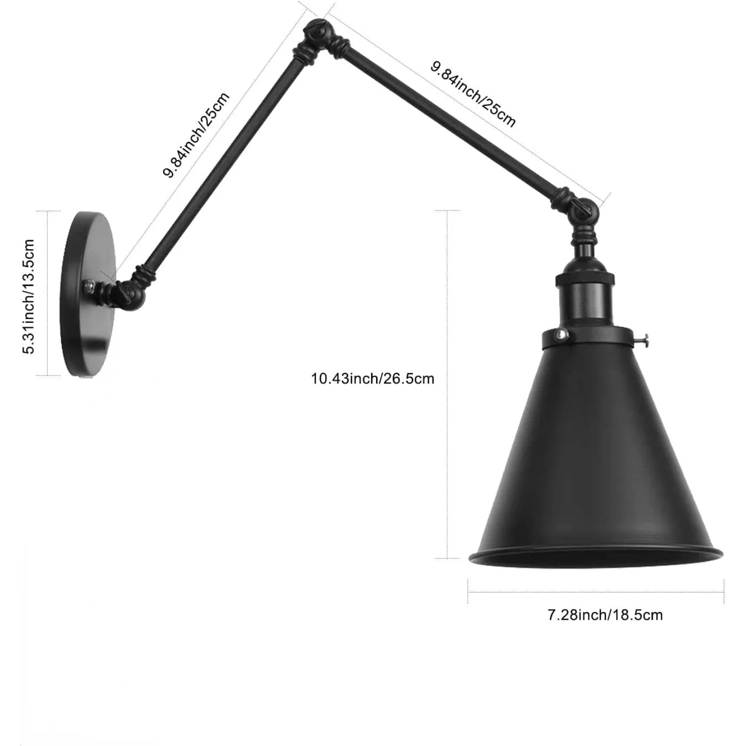 Industrielle, helle, schwarze Lackierung, verstellbare Armlehnen für Schlafzimmer, Wandleuchte, Metall-Plug-in-Lampe