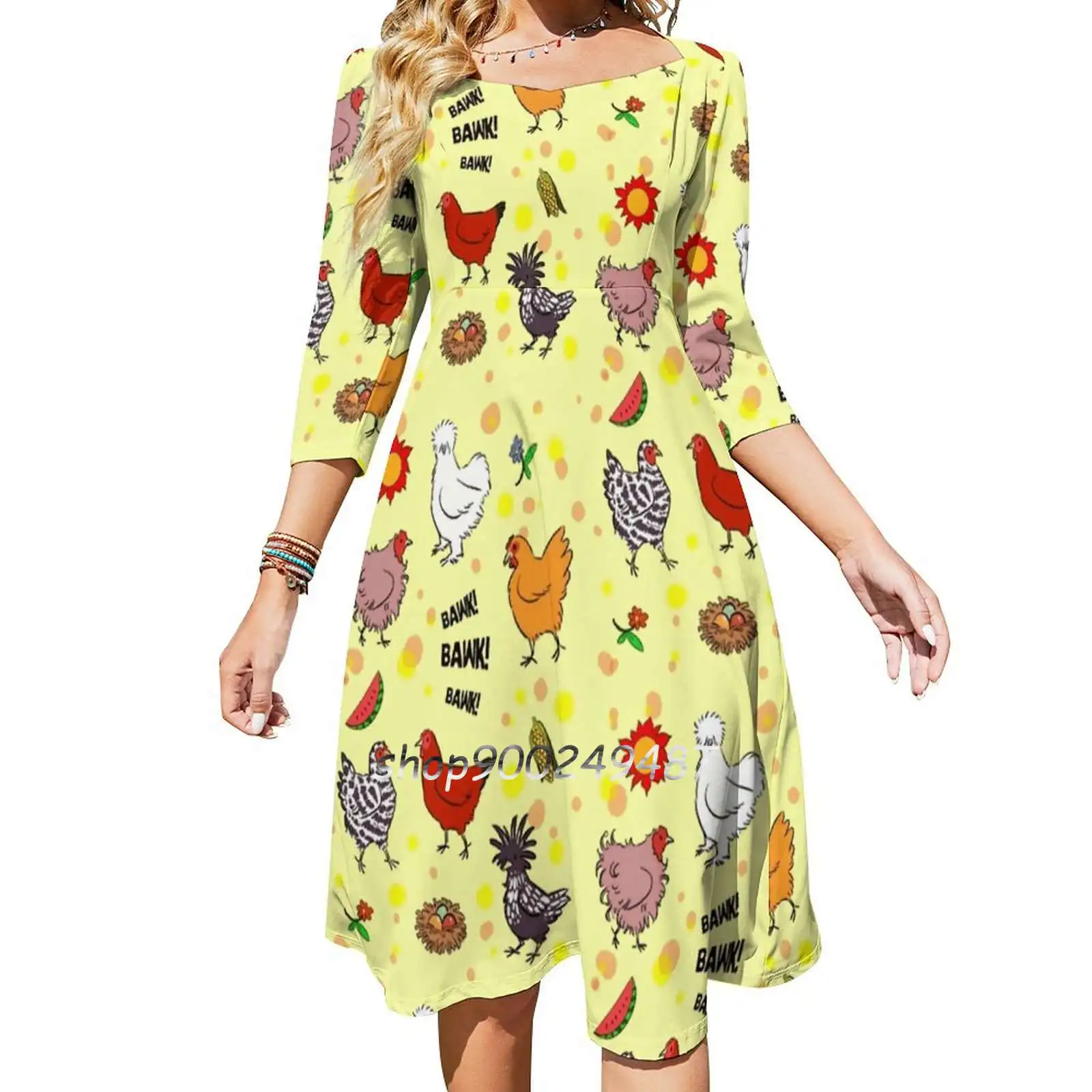 Cute Seamless Chickens Pattern Cartoon Dresses For Women A-Line Korea Style Slim Long Sleeve Dress Chicken Poultry Barred