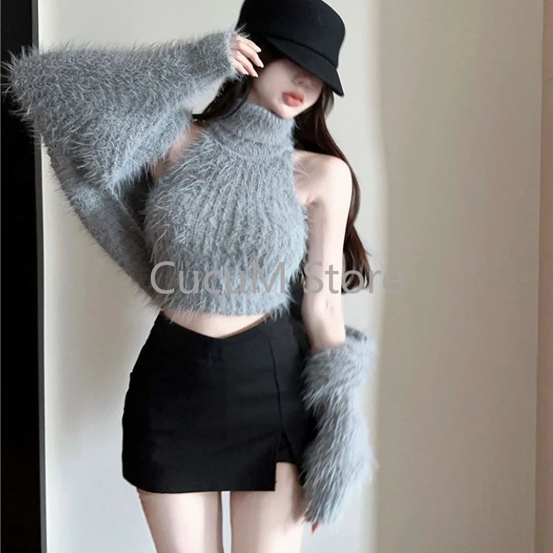 2024 New Autumn Winter Grunge Two Pieces Set Women Y2k Fashion Cardigan Coats Fluffy Pullovers Sweaters Cropped Cloth Solid Vest