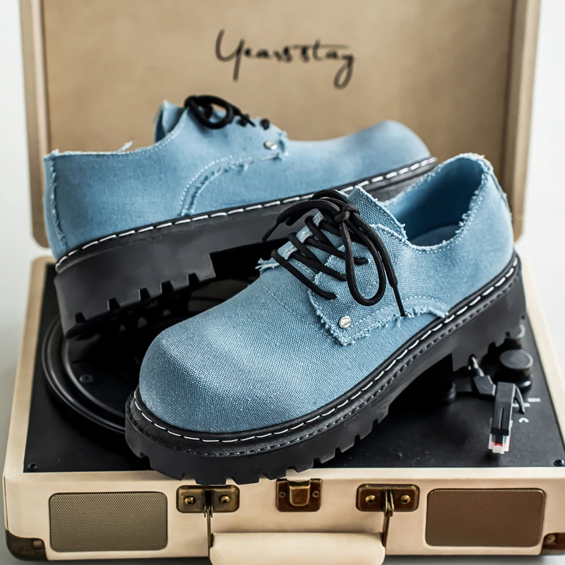 

Blue Denim Derby Shoes Man Retro Round-Toe Platform Casual Shoes For Man Streetwear Trend Designer Men's Shoes chaussure hommes