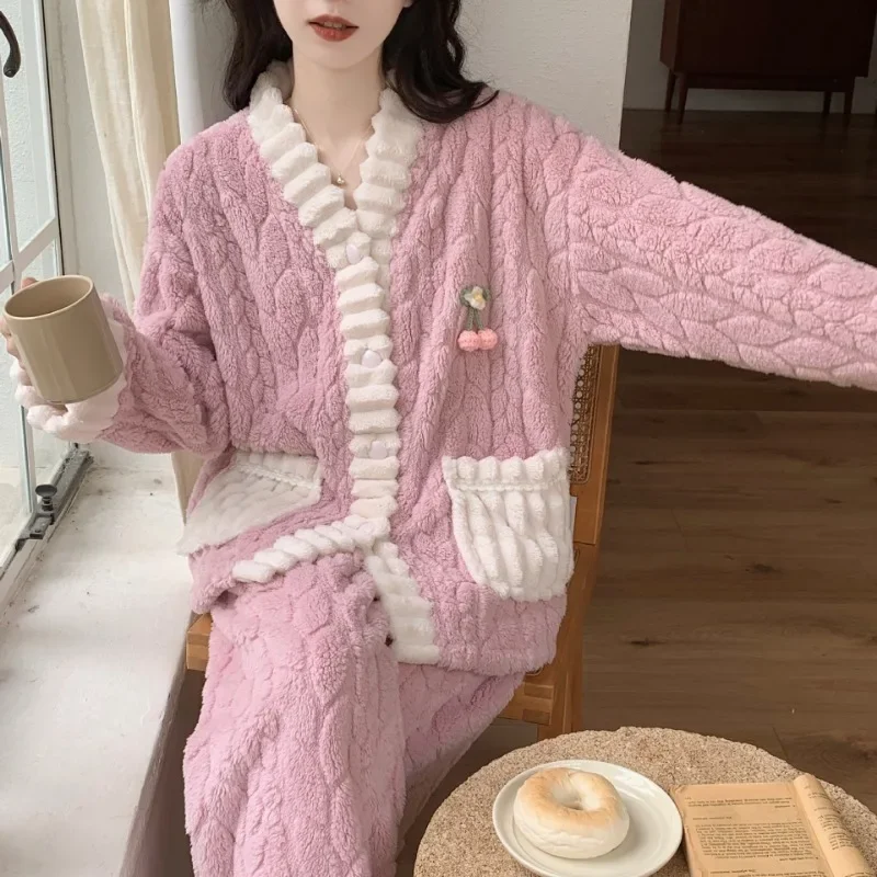 Sleepwear Women Winter Warm Pajamas Sets Coral Fleece Thick Flannel Homewear Sets Kawaii Clothing Pajamas Long Sleeve Nightwear