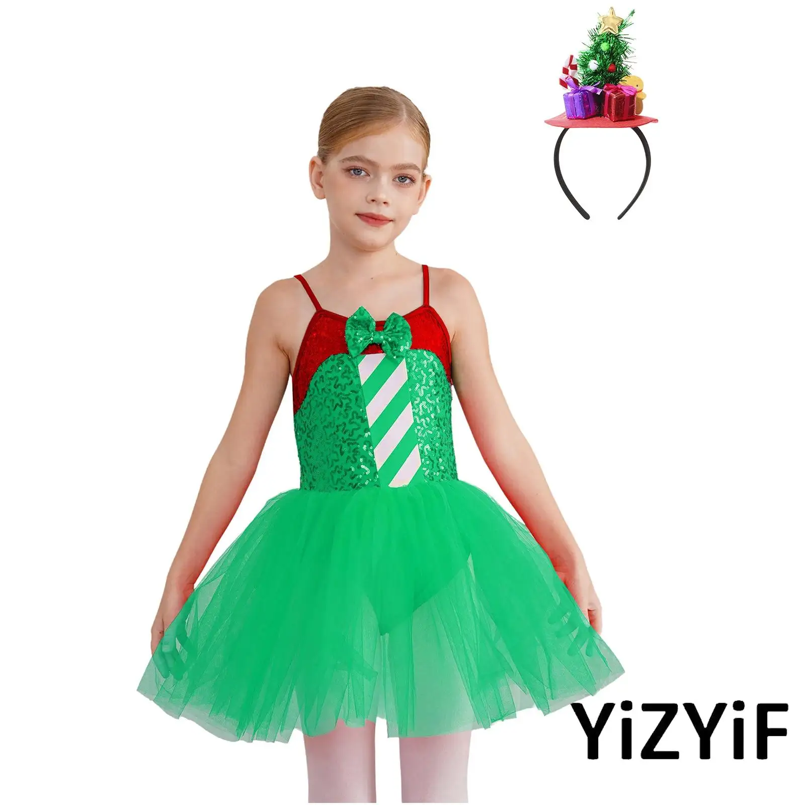 

2Pcs Kids Girls Christmas Costume Sleeveless Sequins Bow Stripes Xmas Princess Dress with Hair Hoop for Christmas Themed Parties