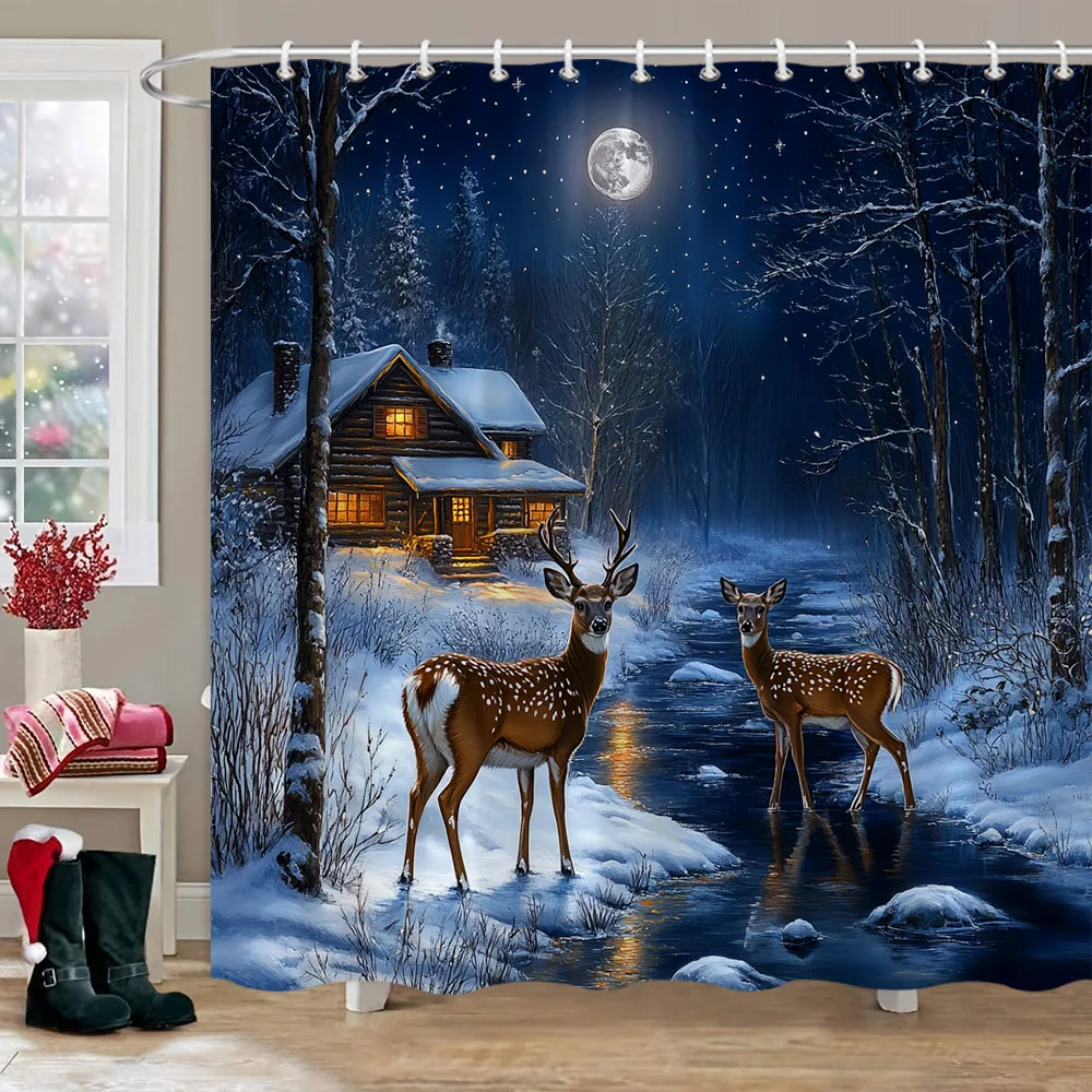 Forest Snow Deer Shower Curtain Log Cabin Naturescape Christmas Shower Curtain Polyester Fabric Bathroom Decor with Hooks