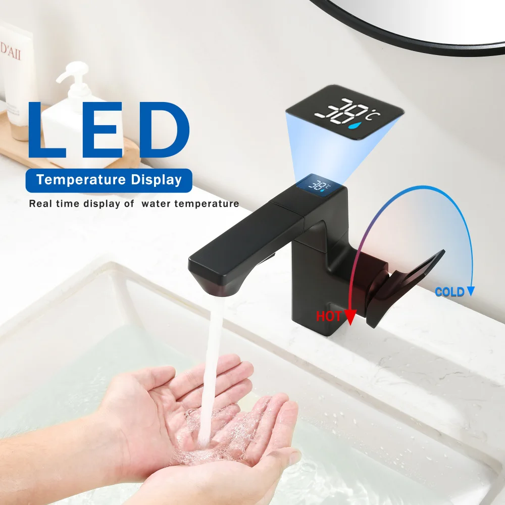 

Digital Display Smart LED Bathroom Faucet Matte Black Pull Down Sprayer Tap for RV Home Basin Sink Faucets Taps