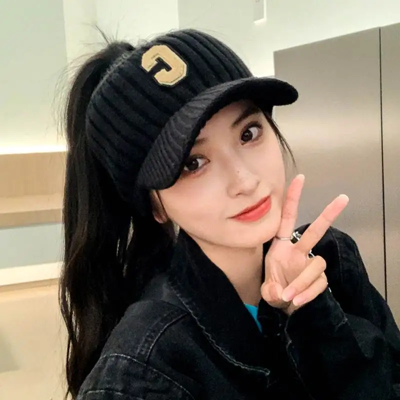 

Модная вязаная шерстяная шапка с буквой C для женщин, осенне-зимняя, теплая, с открытыми кончиками, повседневная, универсальная, с широкими полями, складная