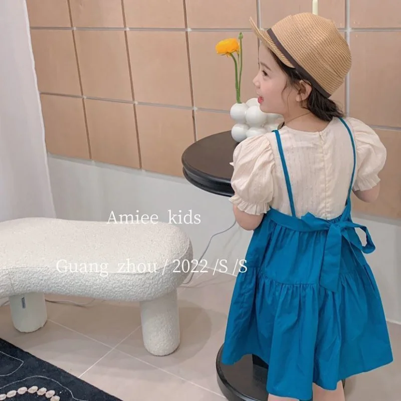 New Girls' Trendy Fake Two Pieces Solid Color Suspender Skirt Baby Summer Short Sleeve Princess Dress Tide63