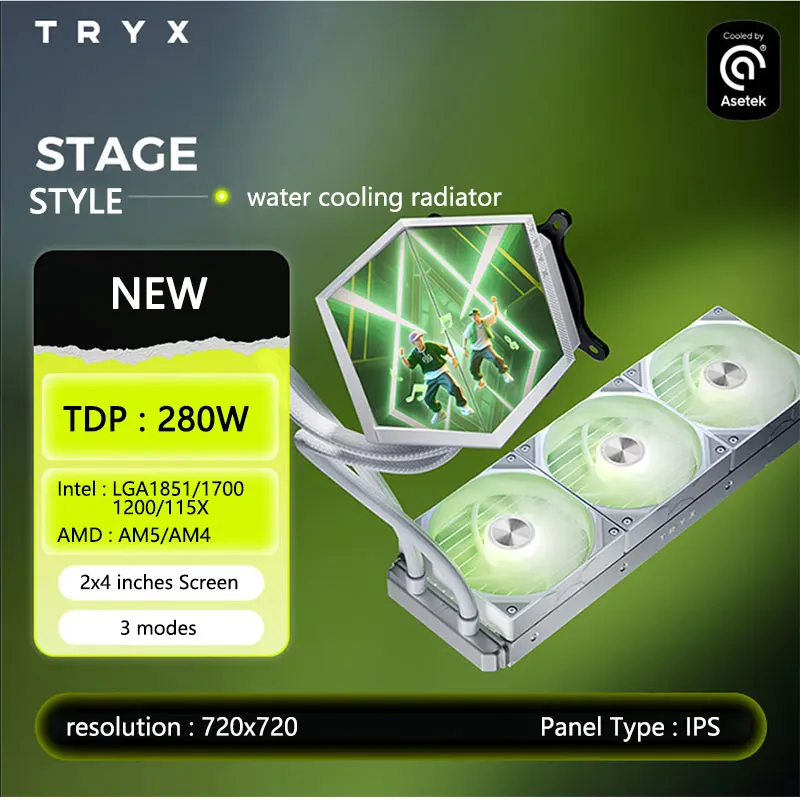 

TRYX STAGE 360 liquid CPU cooler/Dual 4.0-inch screens/Asetek/Multiple stage modes/support LGA1851/1700/1200/115X/AM5/AM4