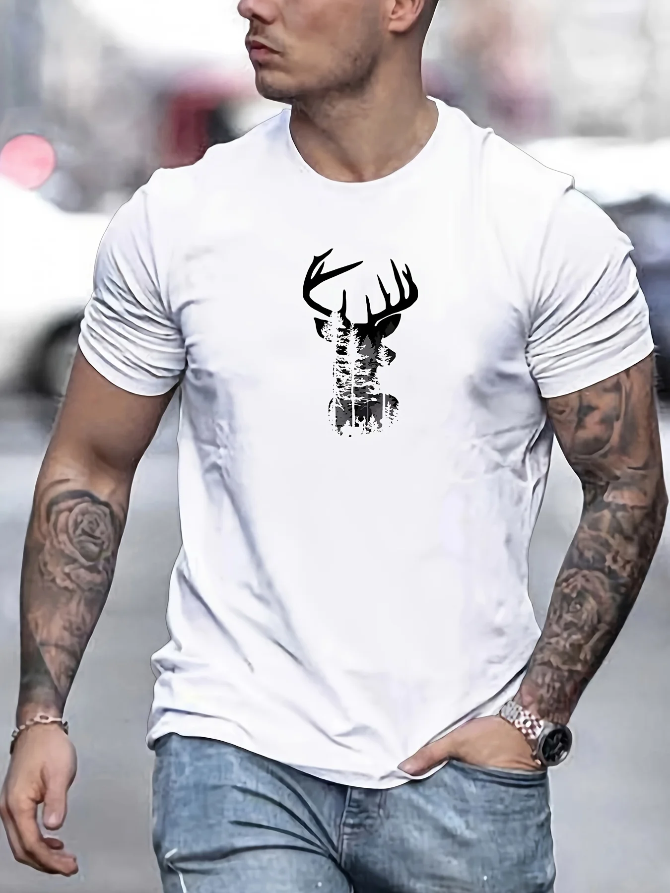 Men 100% Cotton T-Shirt Deer Forest Silhouette Print Short Sleeve O Neck Casual Tees Outdoor Hunting Nature Lovers Summer Tops