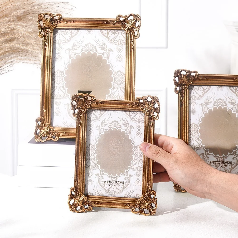 Vintage Resin Photo Frame in Antique Gold with Floral Relief Design and Bow for element for Wall Hanging or Tabletop