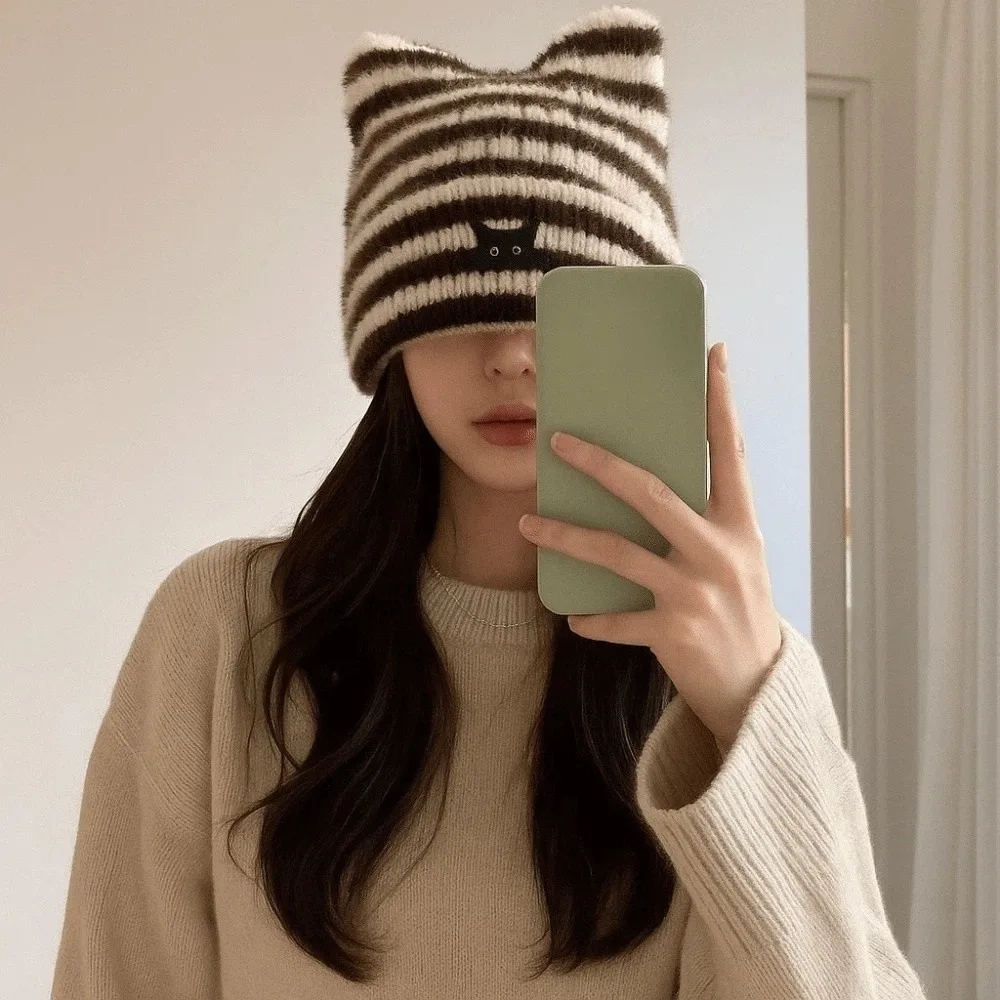 أزياء الدفء النساء القط الأذن محبوك قبعة الباردة والدليل على يندبروف المطرزة قبعة سميكة غطاء للأذن قبعة الرياضة في الهواء الطلق #2