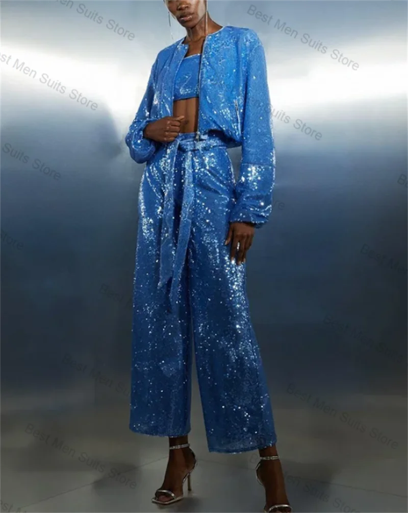 

Blue Sequins Women Suit Set 2 Pcs Blazer+Pants Trousers Luxury Autumn Formal Office Jacket Customized Wedding Guest Prom Coat
