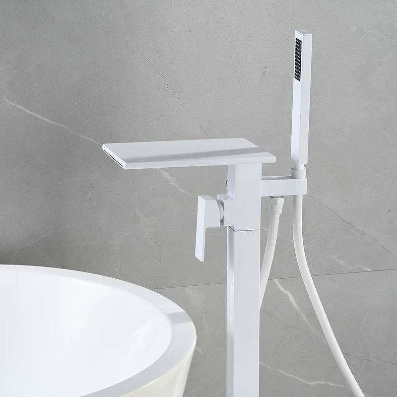 

Tuqiu Black Bathroom Bathtub Faucet + Handheld Shower Free Standing Luxury White Waterfall BathTub Mixer Taps Floor Mounted