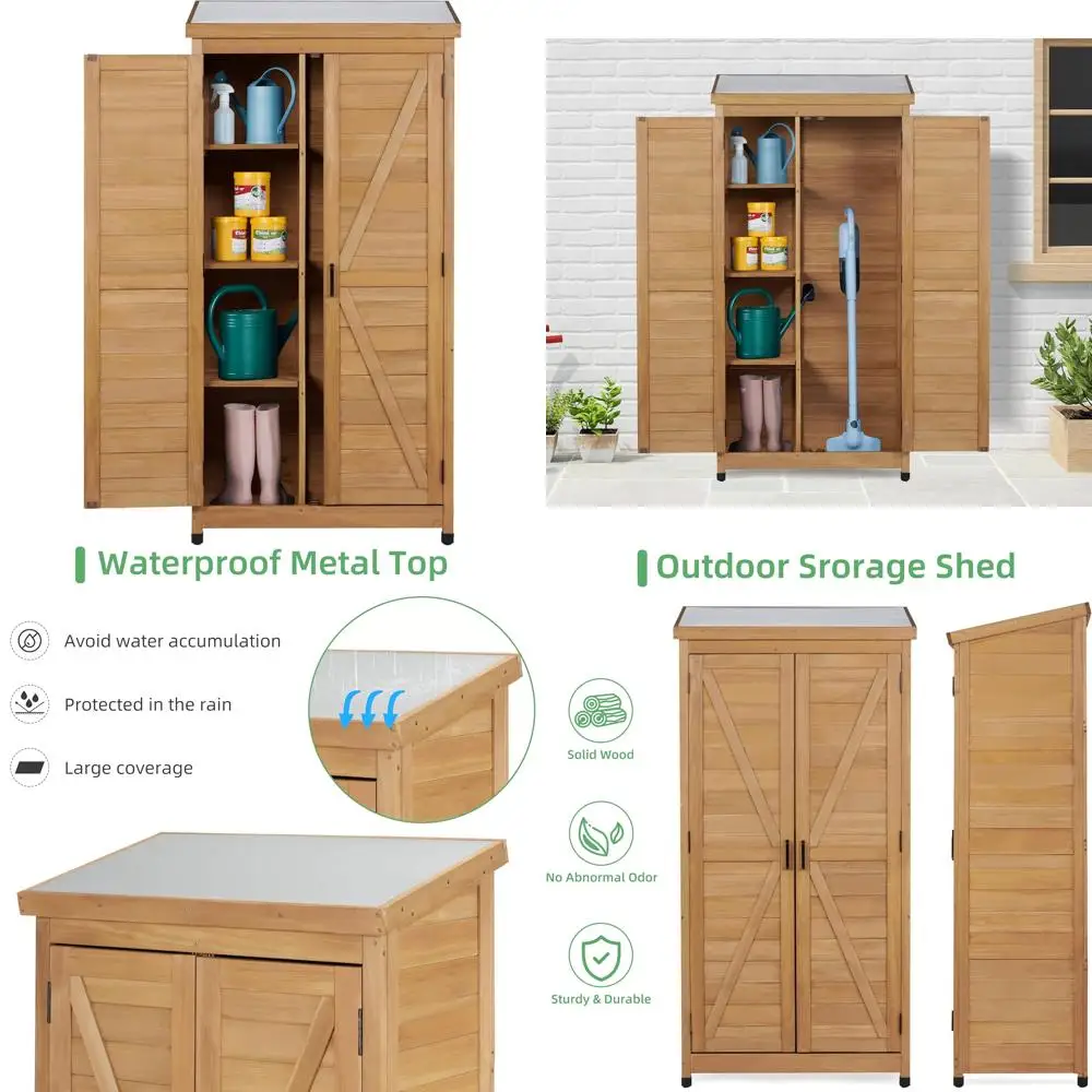 

Large Outdoor Wooden Storage Shed with Metal Roof, Vertical Tool Cabinet for Garden, Patio, and Lawn (Gold)
